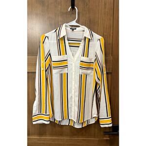 Express The Portofino Shirt Womens XS Yellow White Striped Long Roll Sleeve